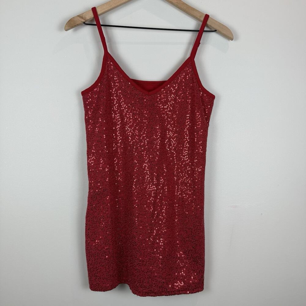 Y2K Vanity Sequin Tank Top Women Size Large Red Strappy Disco Glam Romantic